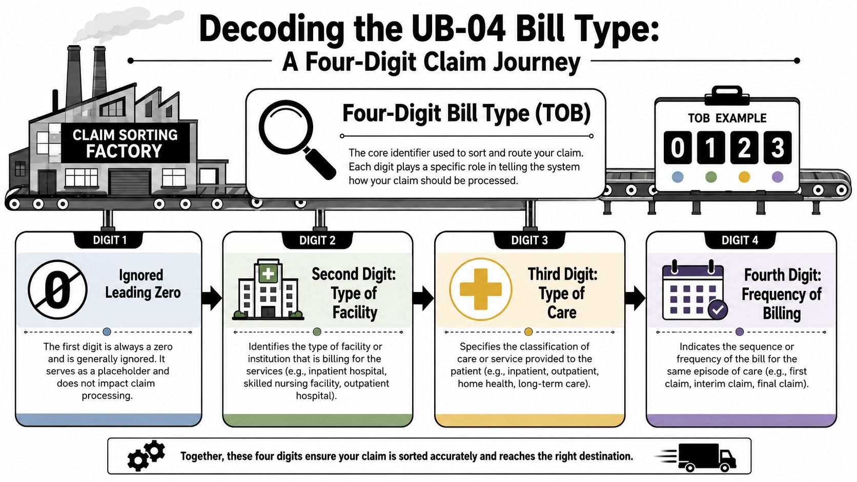 An educational infographic explaining the four-digit UB-04 bill type classification system used for medical insurance claims.
