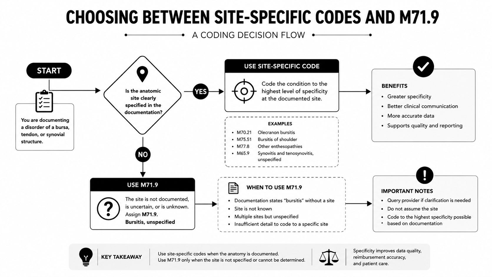 A flow chart illustrating the medical coding decision process between site-specific codes and unspecified bursitis code M71.9.