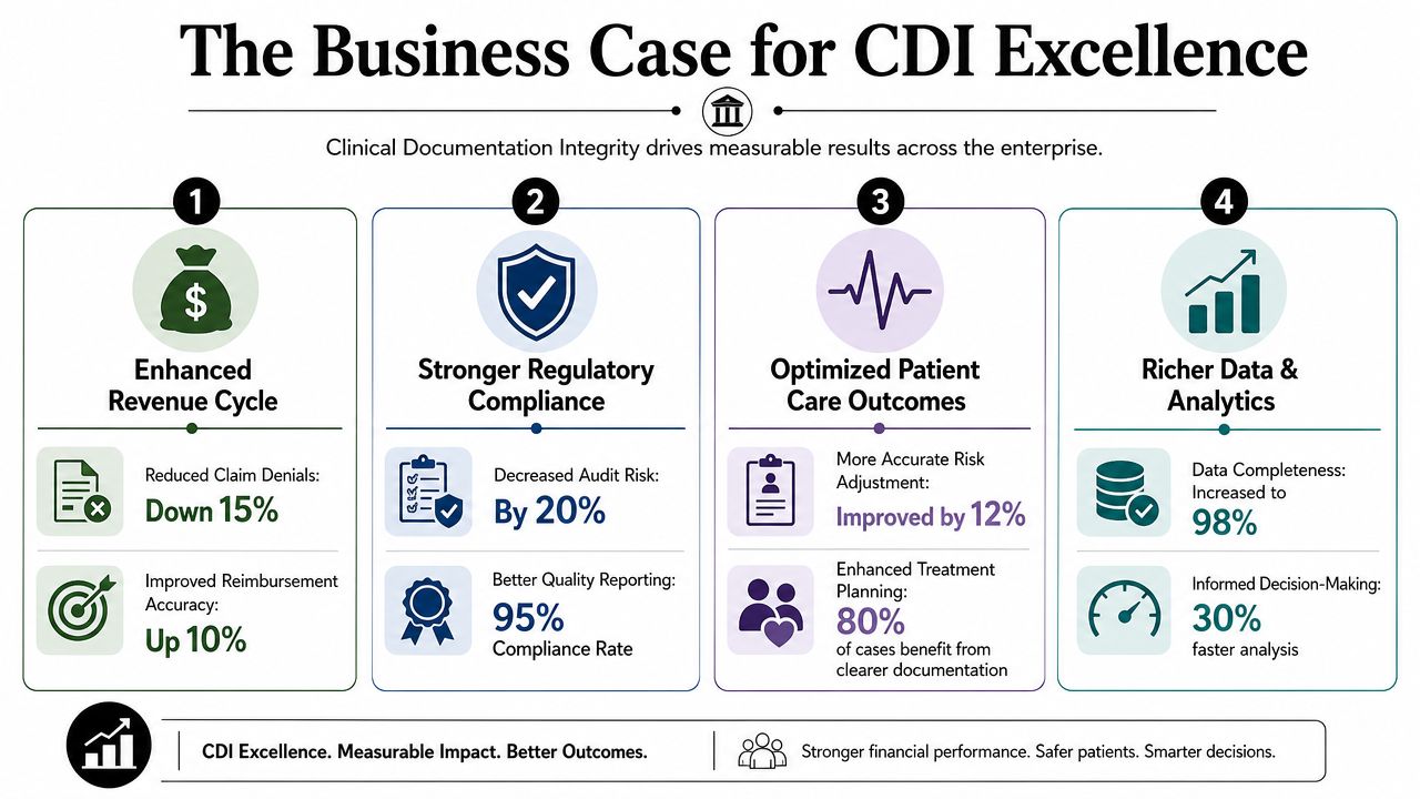 An infographic titled The Business Case for CDI Excellence illustrating measurable benefits of clinical documentation integrity.