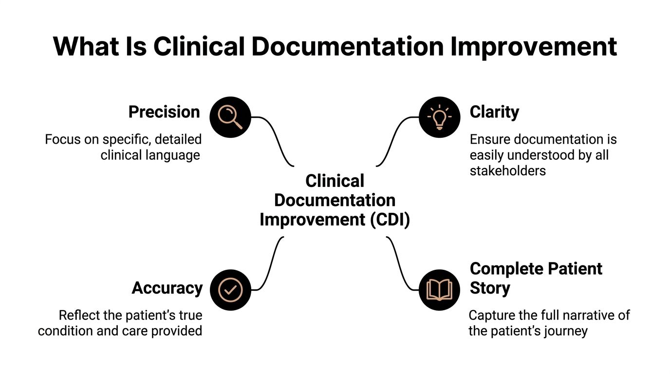 A diagram illustrating the four key components of clinical documentation improvement: precision, clarity, accuracy, and completeness.