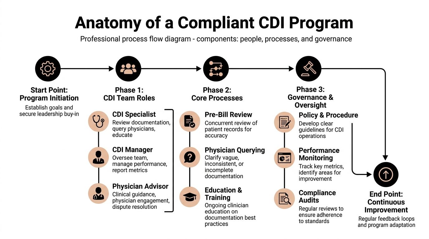 A professional process flow diagram illustrating the anatomy and three phases of a compliant CDI program.