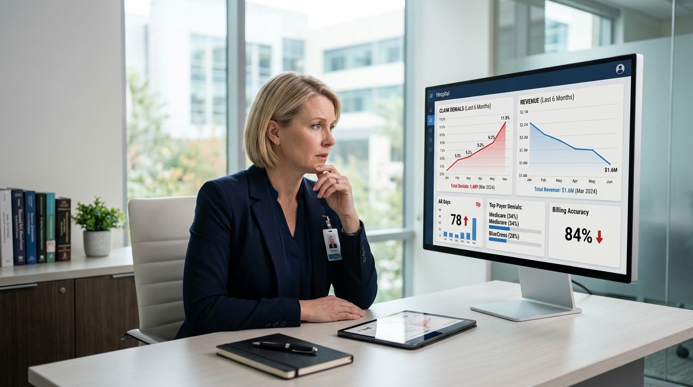 A professional woman in an office reviews hospital analytics and financial performance data on a computer screen.
