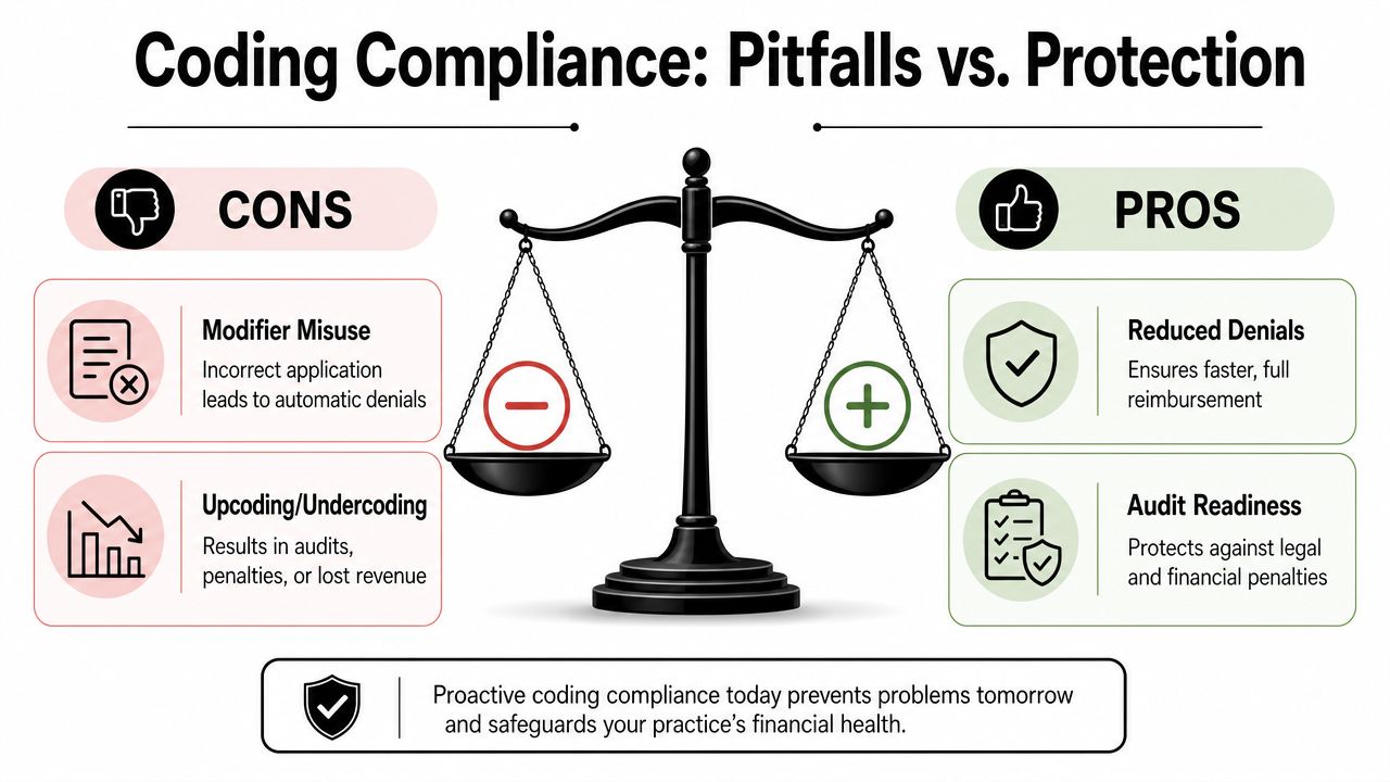 An infographic comparing the pitfalls and benefits of coding compliance in medical practices using a balance scale.
