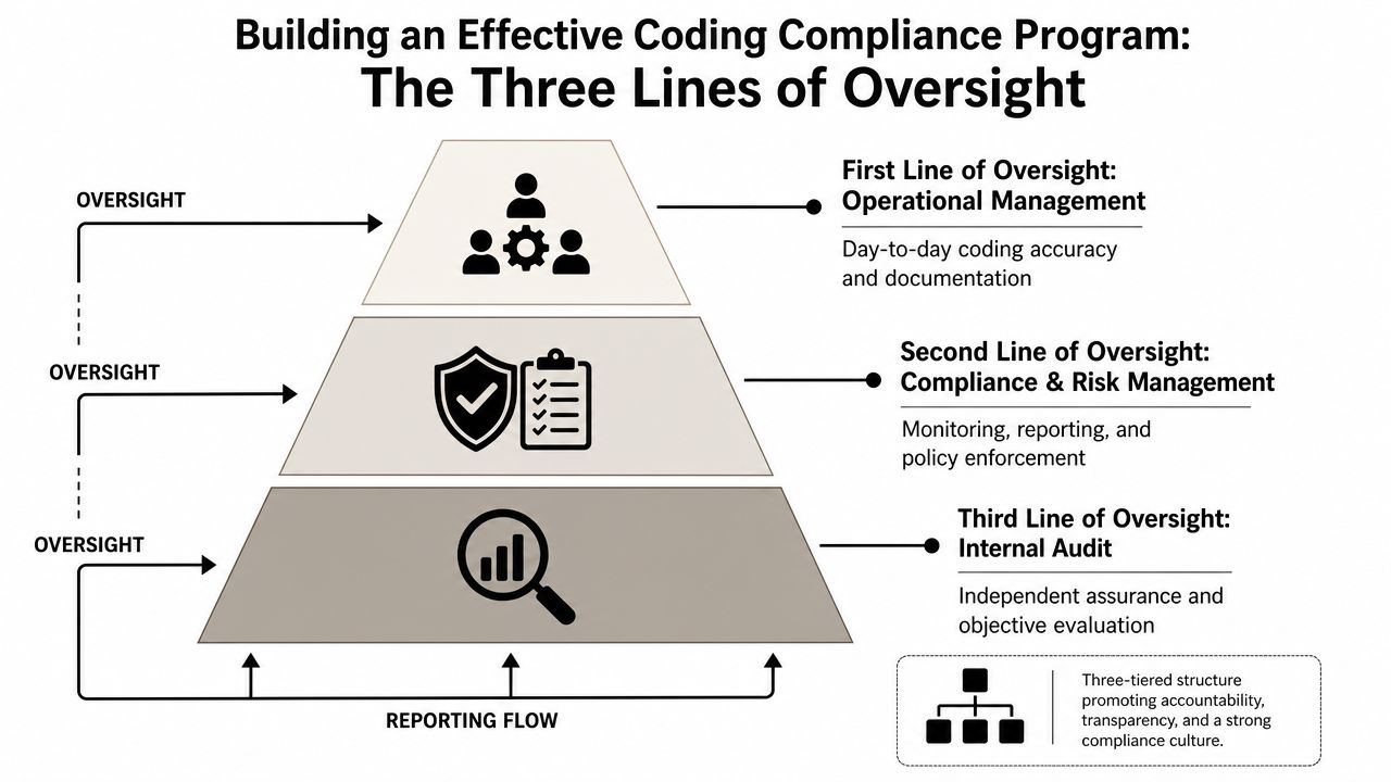 A pyramid diagram showing the three lines of oversight for a coding compliance program.