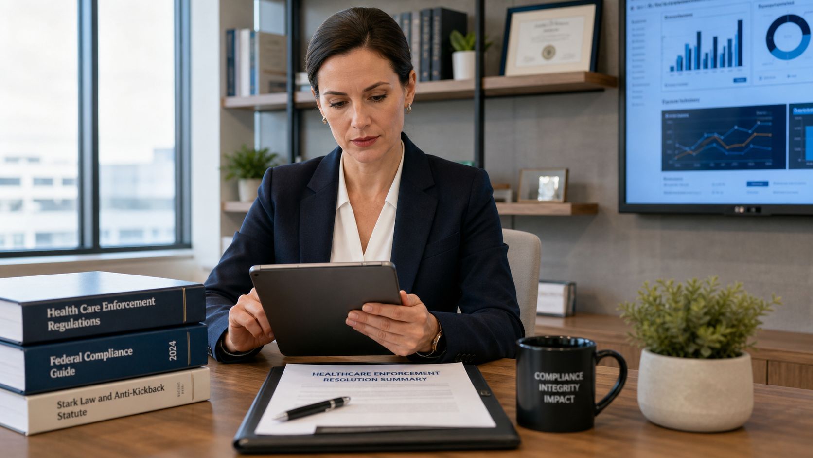 A professional woman in a suit reviews digital data on a tablet in a modern office setting.