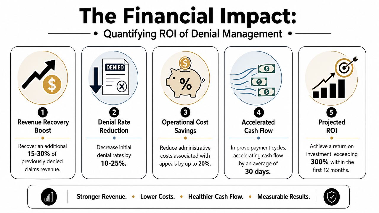 An infographic detailing the financial benefits and ROI of implementing effective medical denial management services.