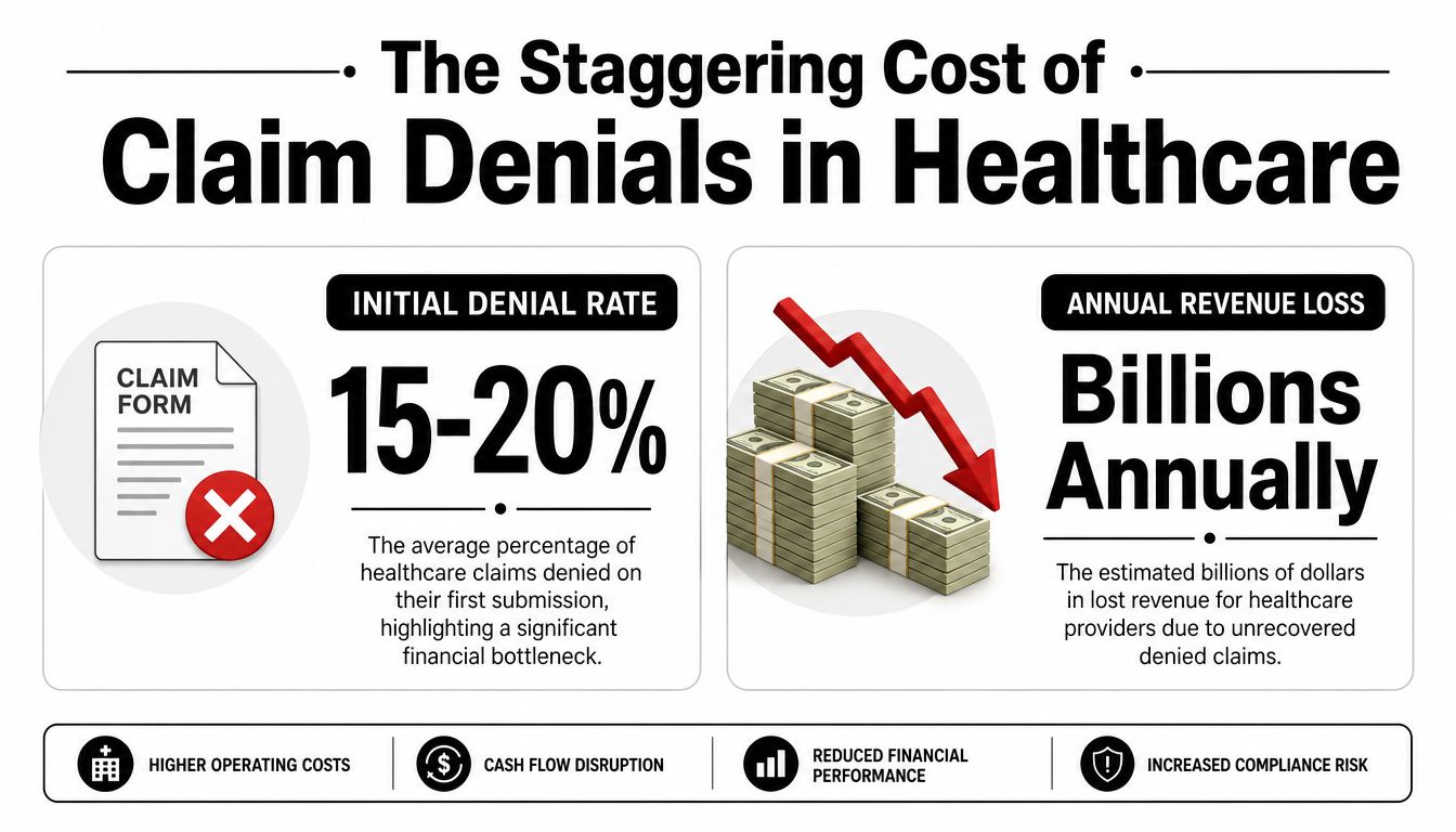 An infographic titled The Staggering Cost of Claim Denials in Healthcare showcasing industry financial statistics.