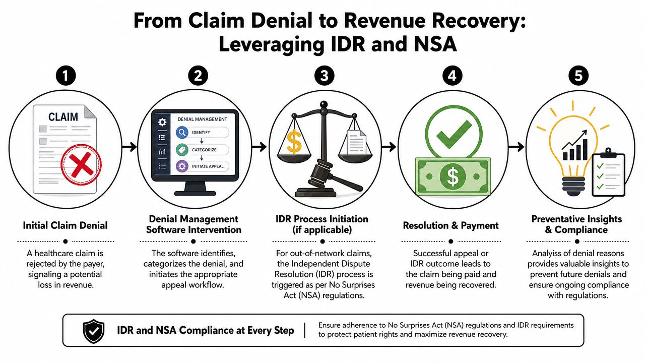 A five-step infographic illustrating the medical claim denial management process from initial rejection to final revenue recovery.