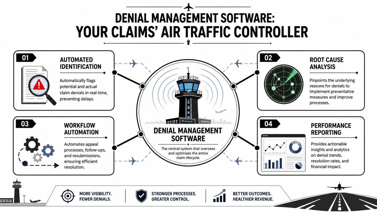 An infographic illustrating how denial management software functions as a central system for medical claims.