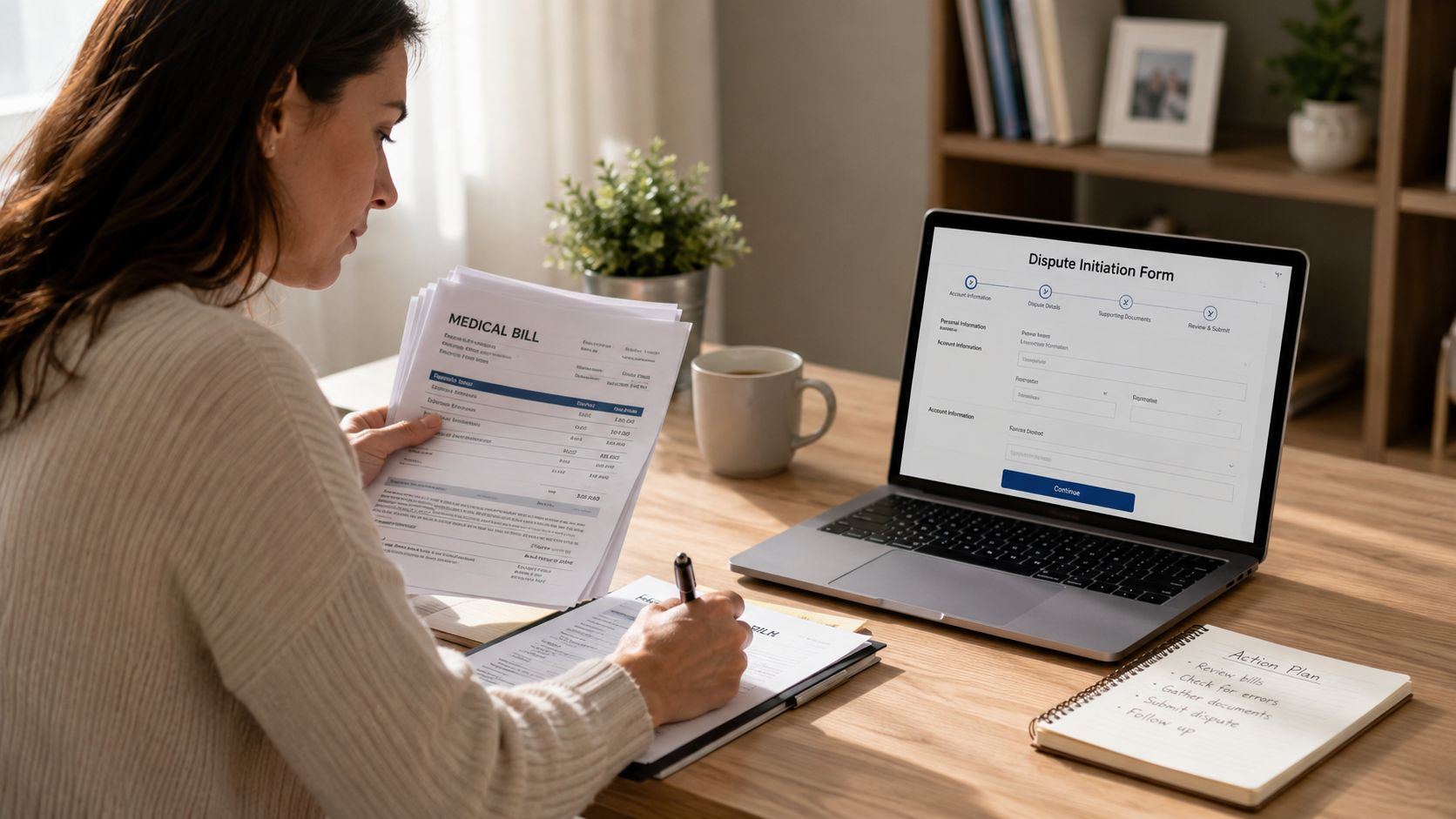 A woman reviewing medical bills and filling out a dispute form on her laptop at a desk.
