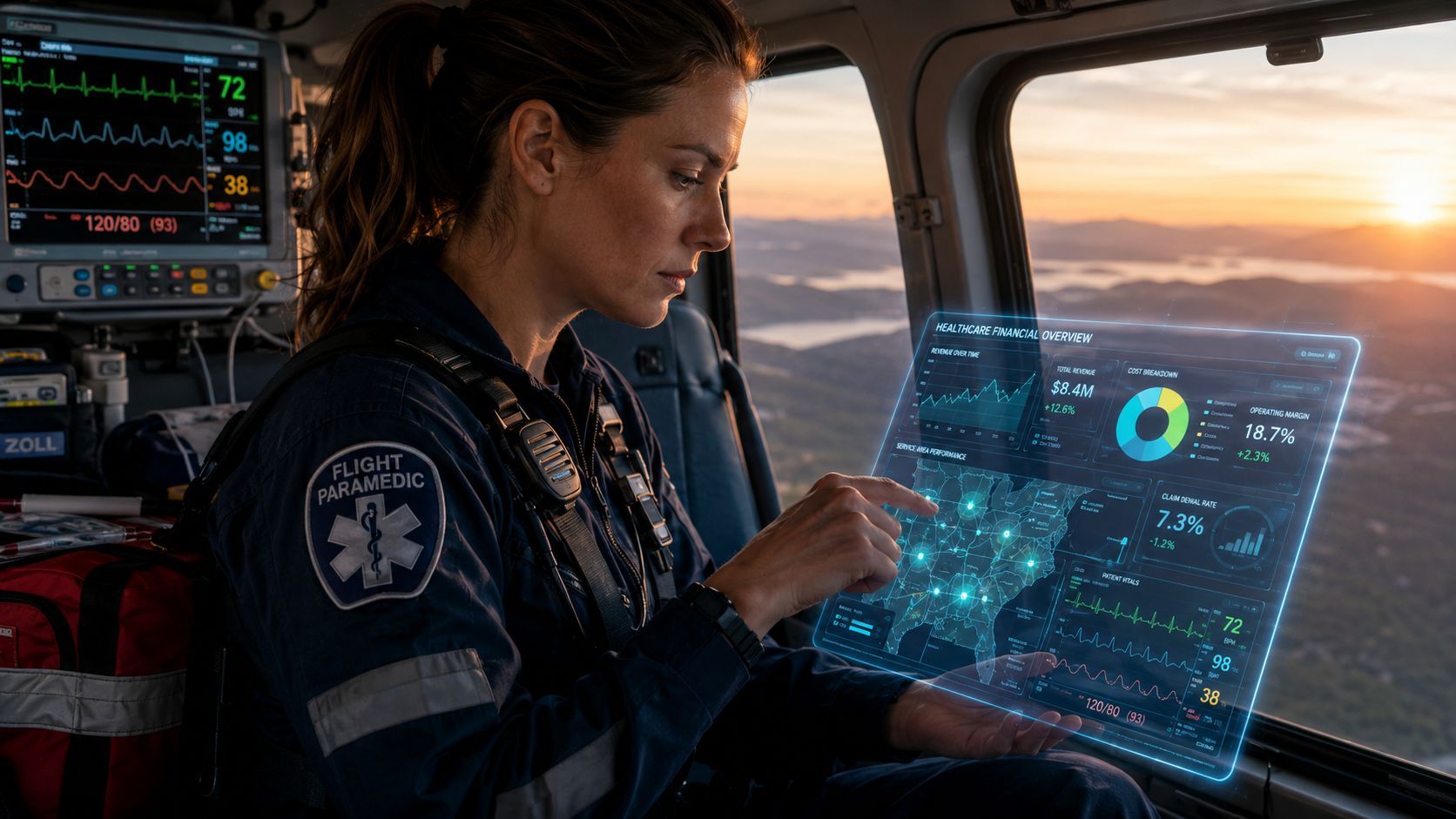 A flight paramedic reviews healthcare financial analytics on a holographic display inside a medical helicopter at sunset.