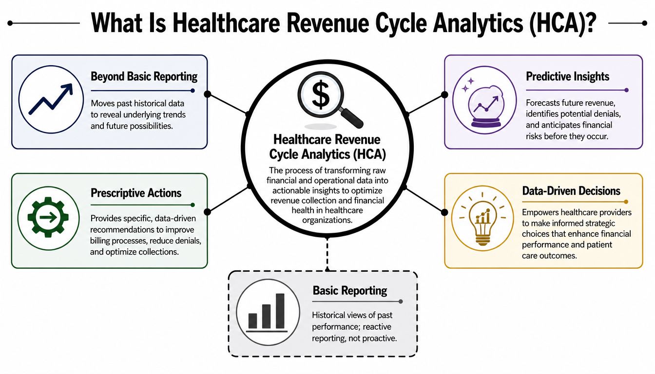 An infographic explaining healthcare revenue cycle analytics, detailing predictive, prescriptive, and data-driven methods for financial optimization.