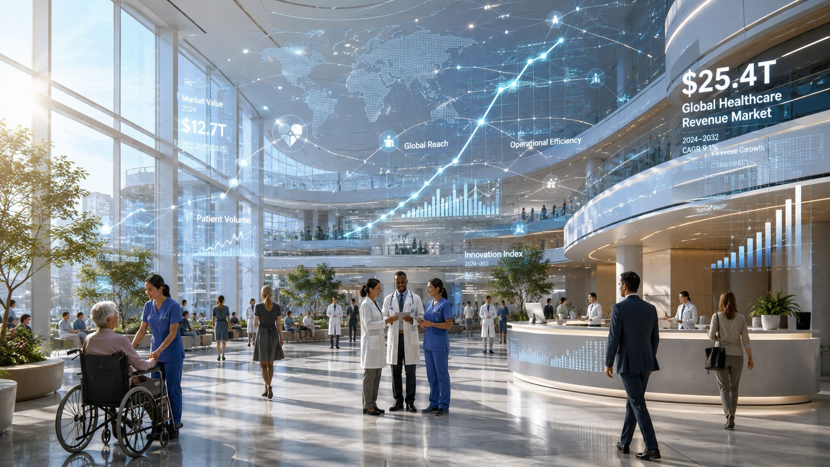 A modern, futuristic hospital lobby with medical staff and data visualizations displaying global healthcare market statistics.