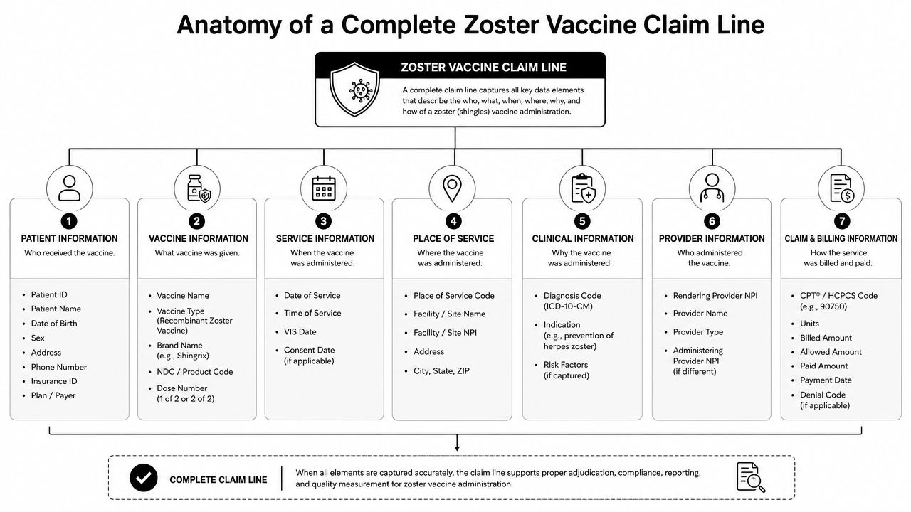 An infographic detailing the seven key data elements required to build a complete zoster vaccine medical claim line.