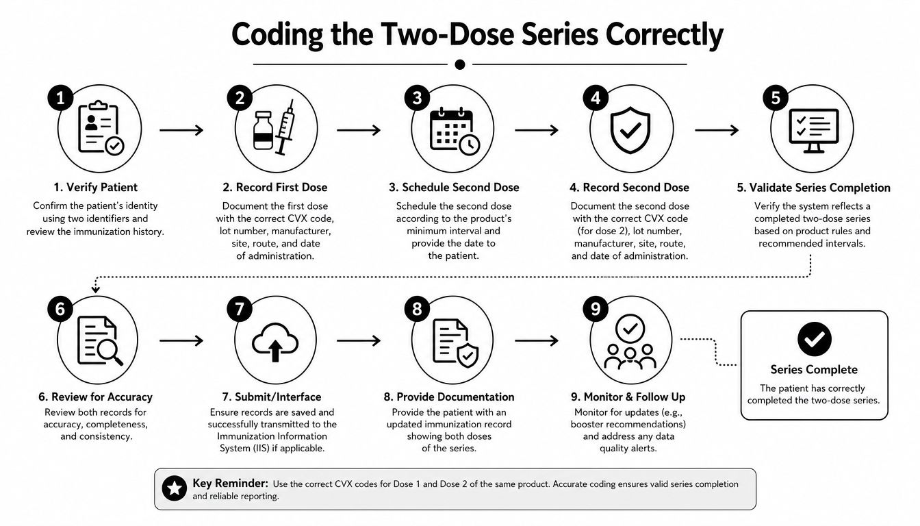 A nine-step process diagram illustrating how to accurately code and document a two-dose immunization series.