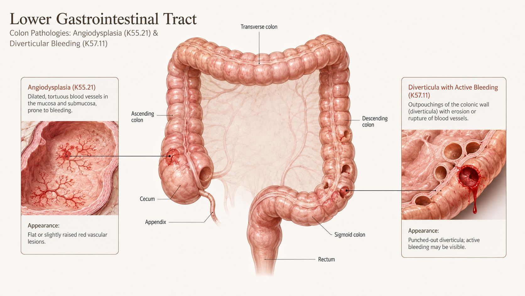 An anatomical illustration showing the lower gastrointestinal tract with highlighted colon pathologies including angiodysplasia and diverticular bleeding.
