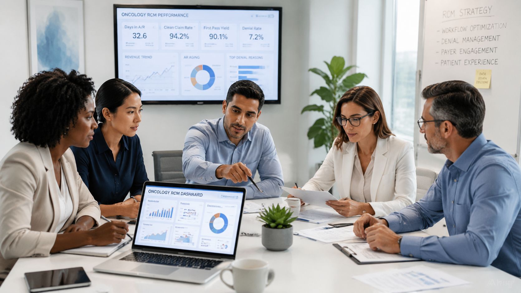 A professional team of business executives having a strategic meeting about oncology revenue cycle management in an office.