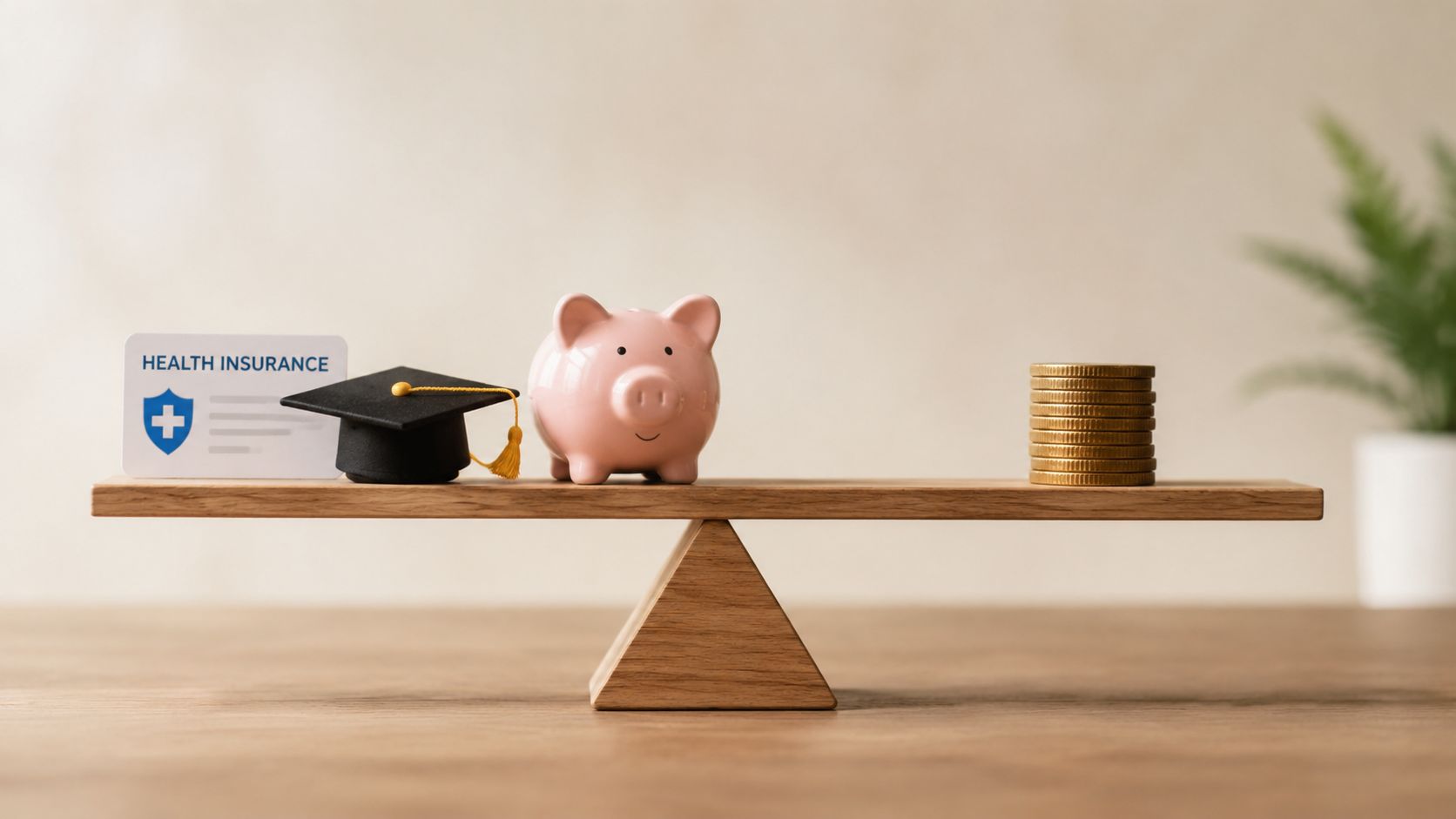 A wooden balance scale featuring a piggy bank, graduation cap, health insurance card, and a stack of coins.