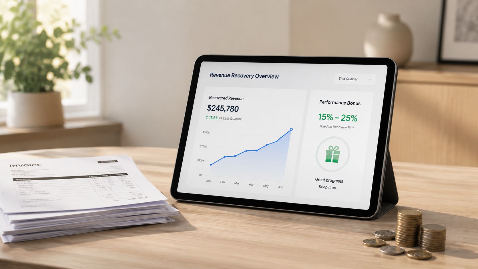 A digital tablet displaying a revenue recovery dashboard on a wooden desk with invoices and coins.