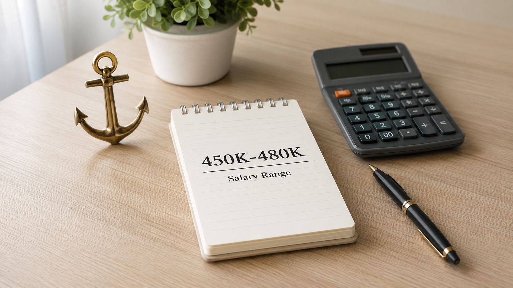 A notepad on a wooden desk displaying a salary range of 450K to 480K with a calculator.