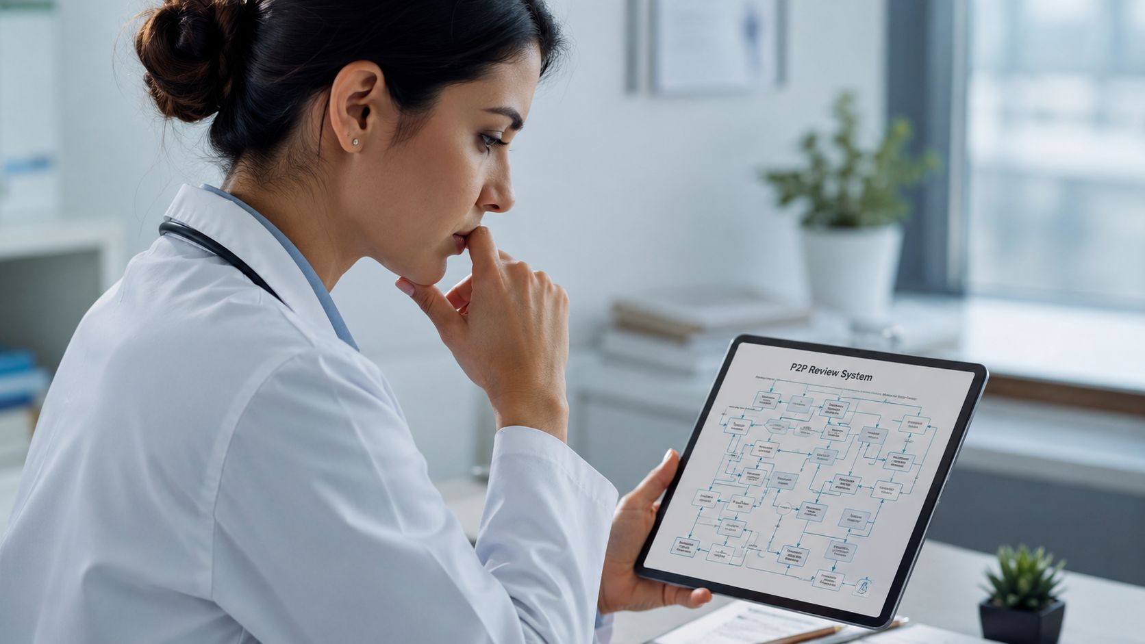 A female doctor with a stethoscope studying a complex P2P review system flowchart on her tablet device.