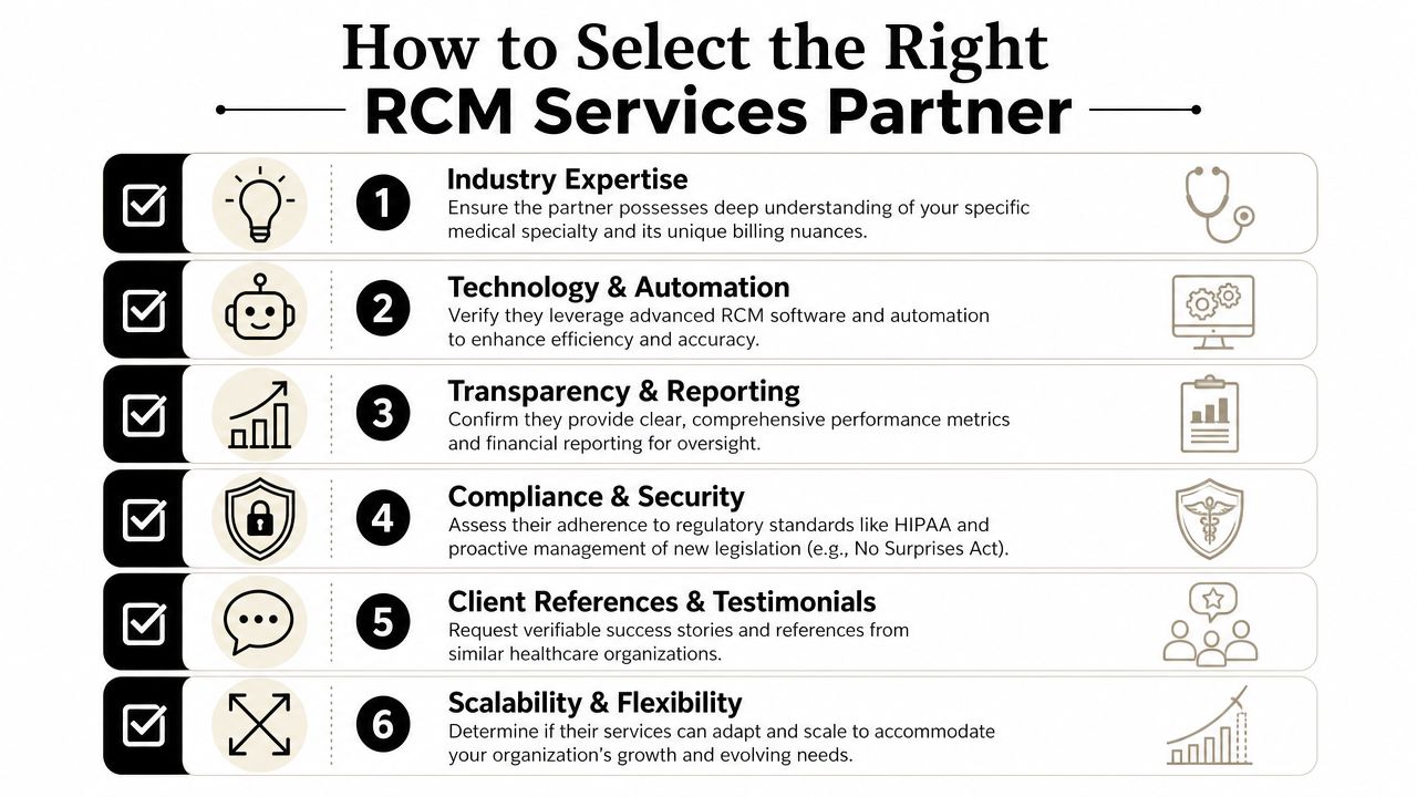 An infographic detailing six essential factors to consider when selecting an RCM services partner for healthcare organizations.