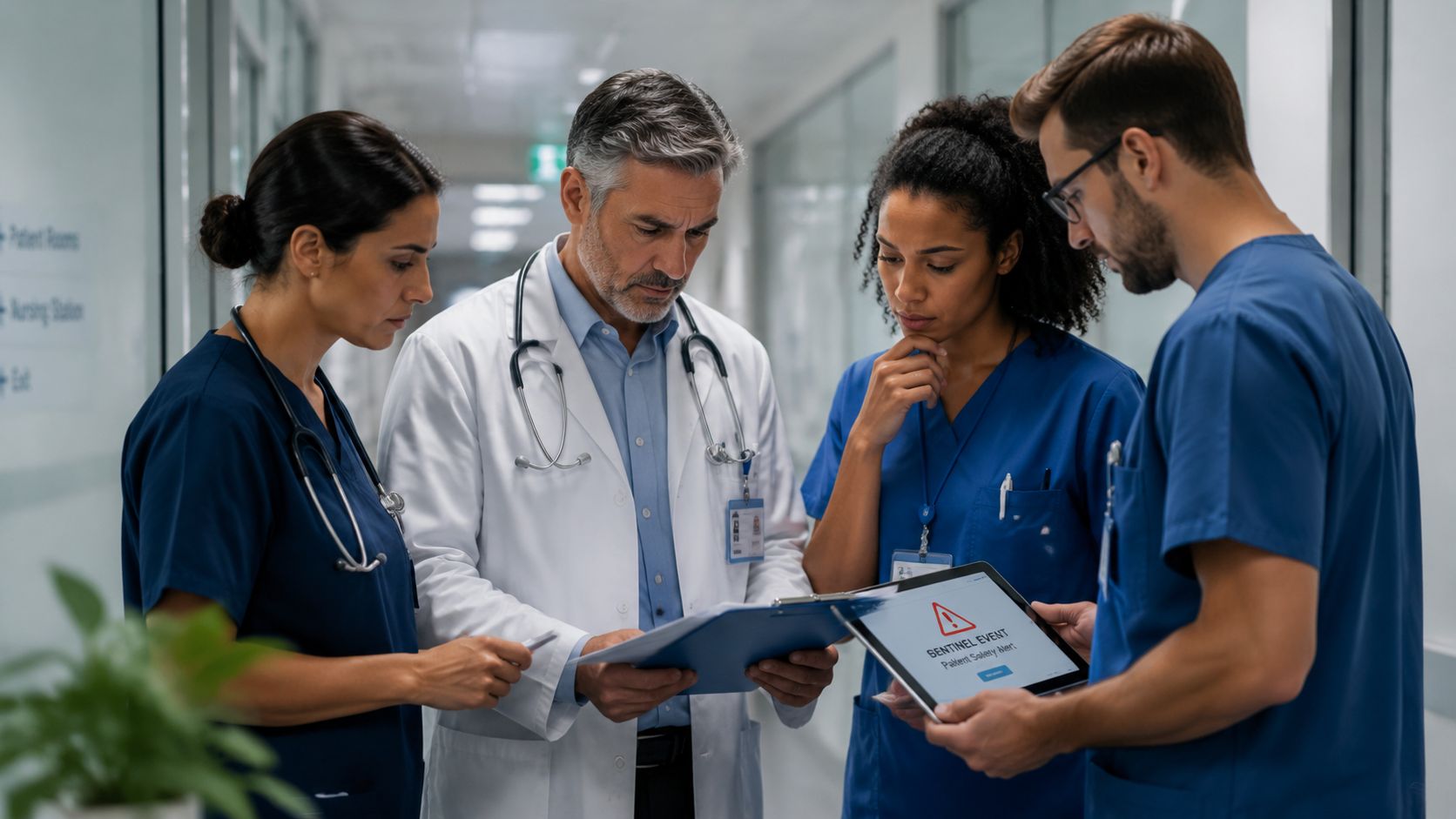 A team of medical professionals holding a tablet and a clipboard discussing a sentinel event alert in a hospital hallway.