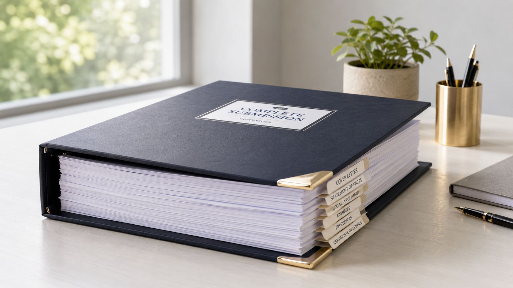 A large, professional blue binder labeled Complete Submission rests on a clean desk next to office supplies.