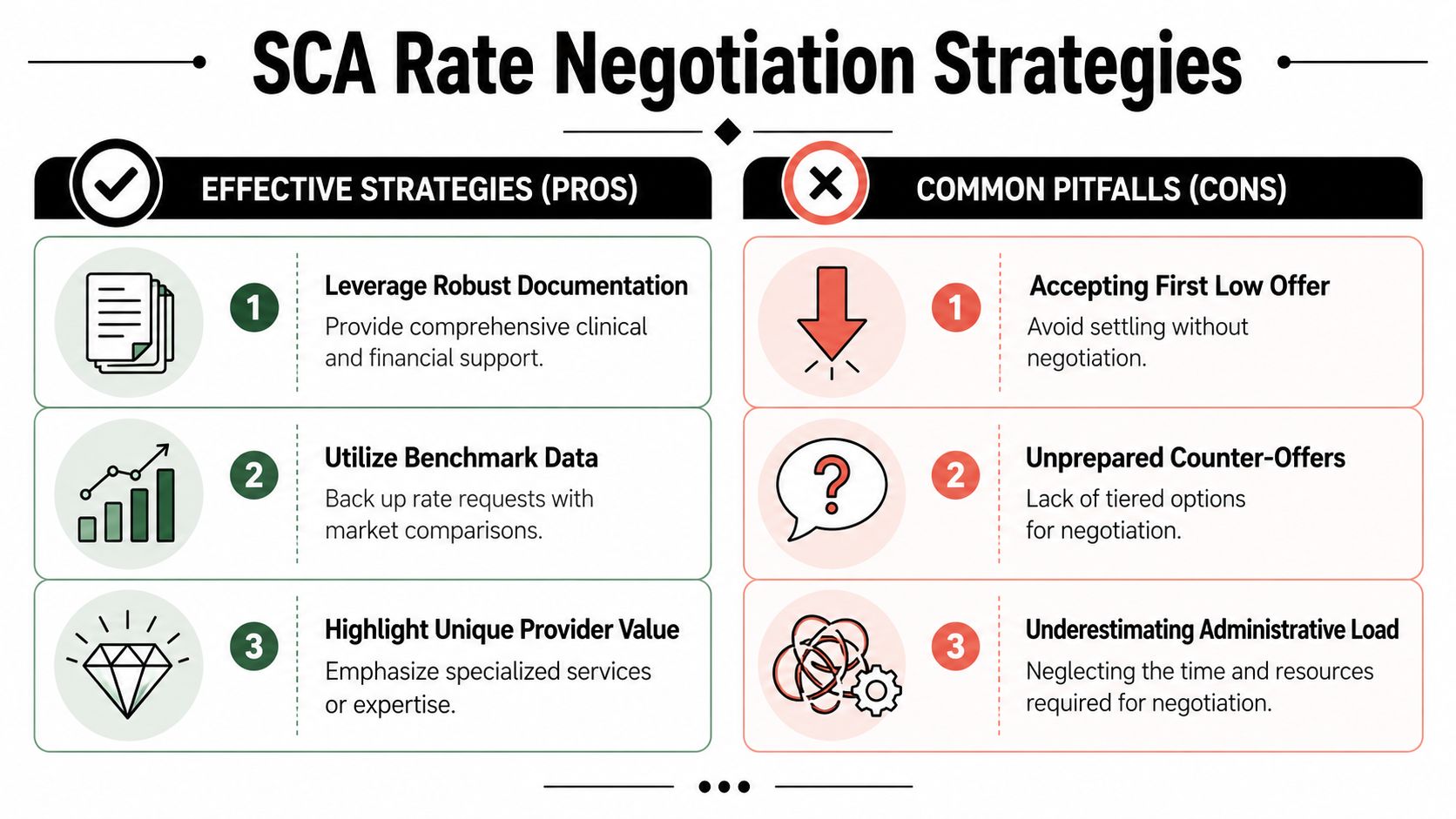 A professional infographic highlighting effective strategies and common pitfalls for Single Case Agreement rate negotiations.