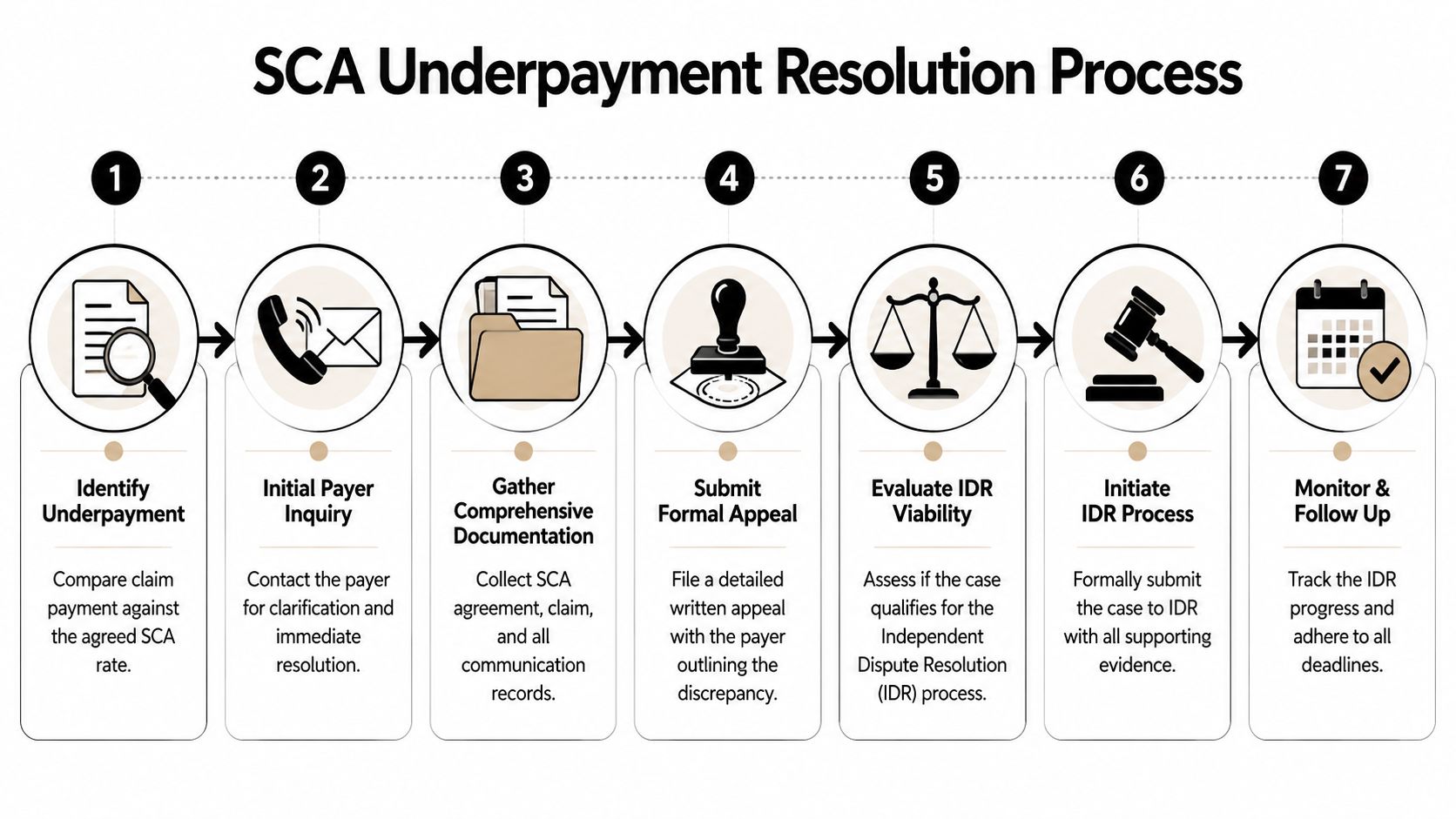 A seven-step flowchart illustrating the process for resolving insurance payment discrepancies and single case agreements.
