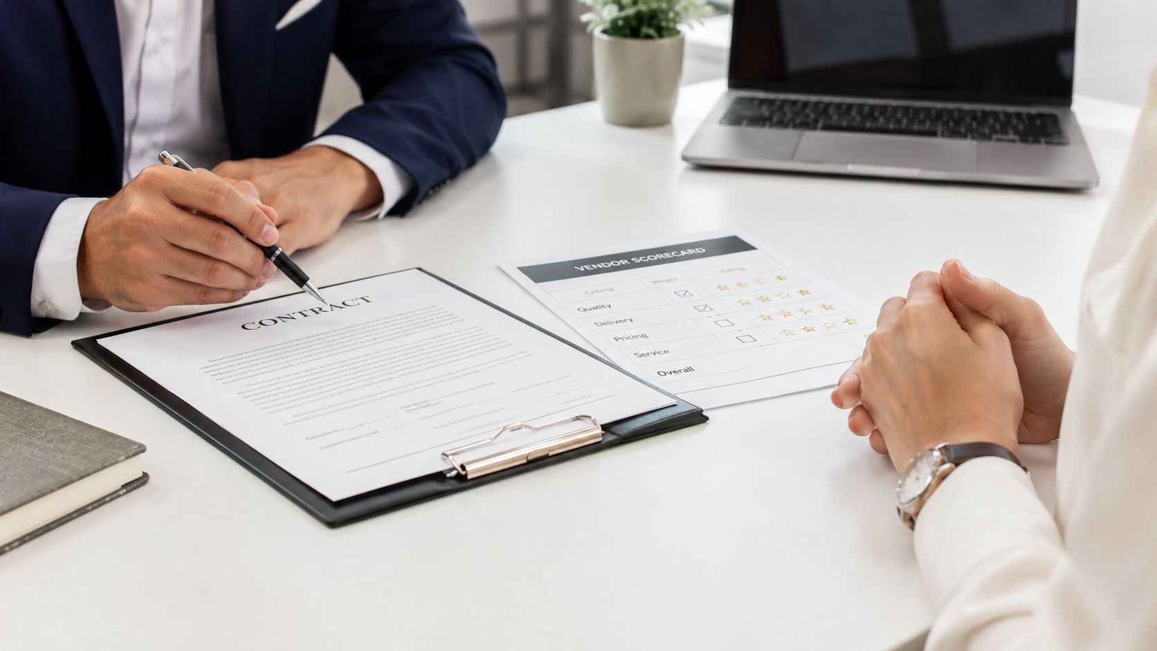 A professional business meeting with a contract and vendor scorecard on a table during a negotiation.