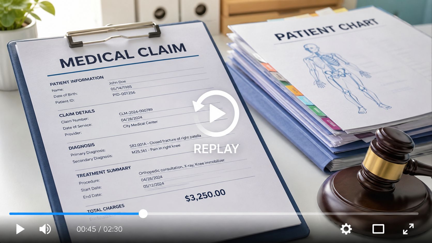 A close-up of a medical claim document on a clipboard next to a wooden gavel and patient chart.