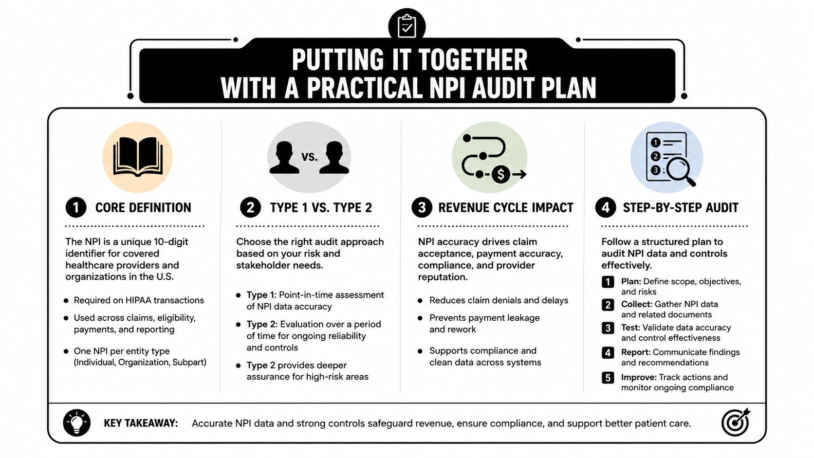A visual guide outlining a practical NPI audit plan with four key steps and associated details.