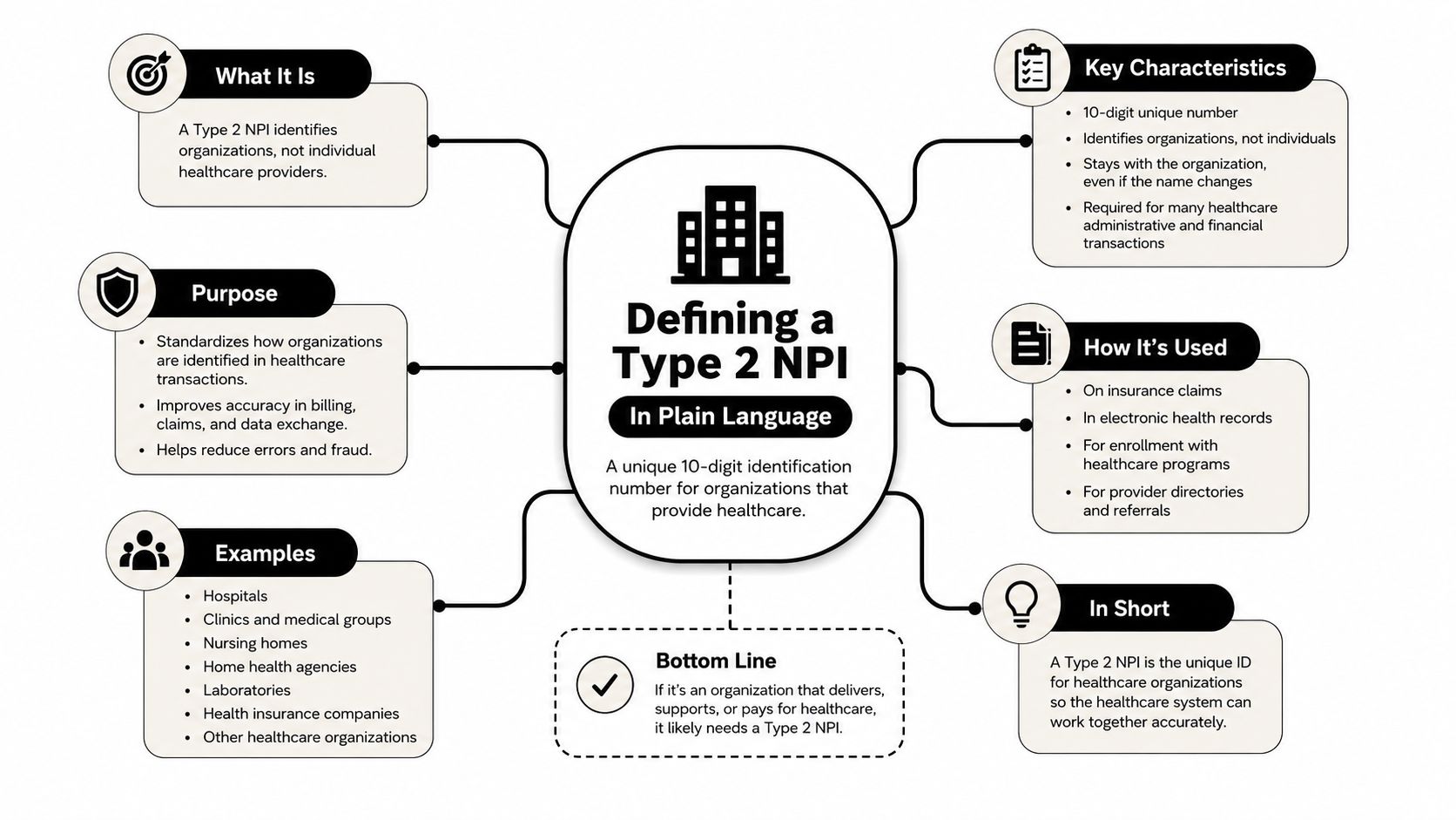 A diagram defining a Type 2 NPI for healthcare organizations, including purpose, characteristics, and examples.
