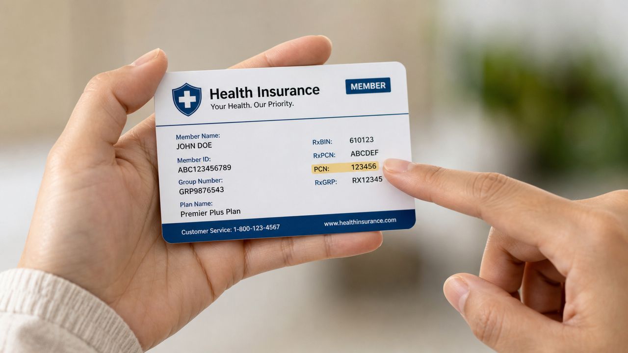 A person holding a health insurance card and pointing at the PCN number field on it.