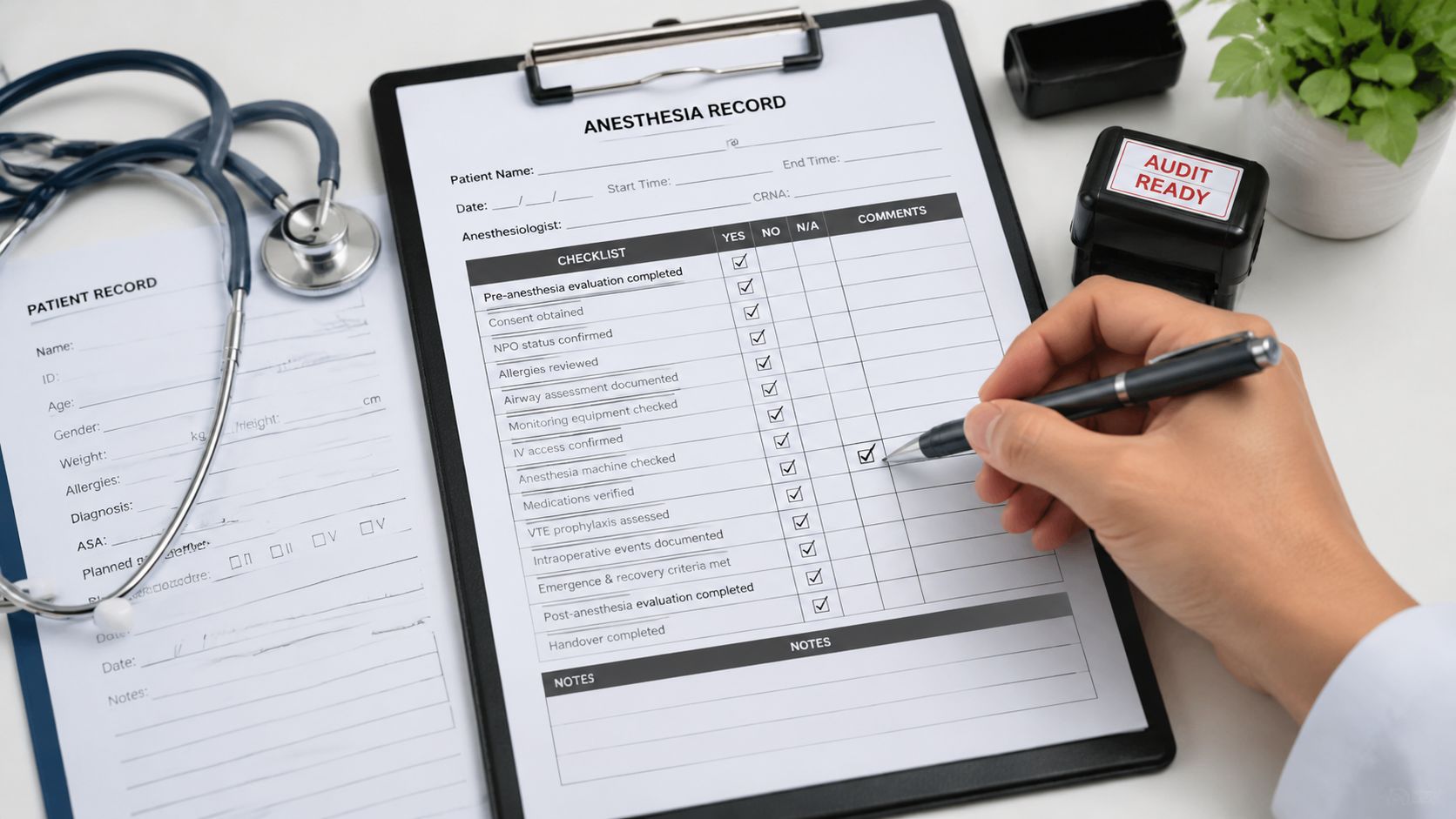 A medical professional filling out an anesthesia record form with a pen on a clipboard.