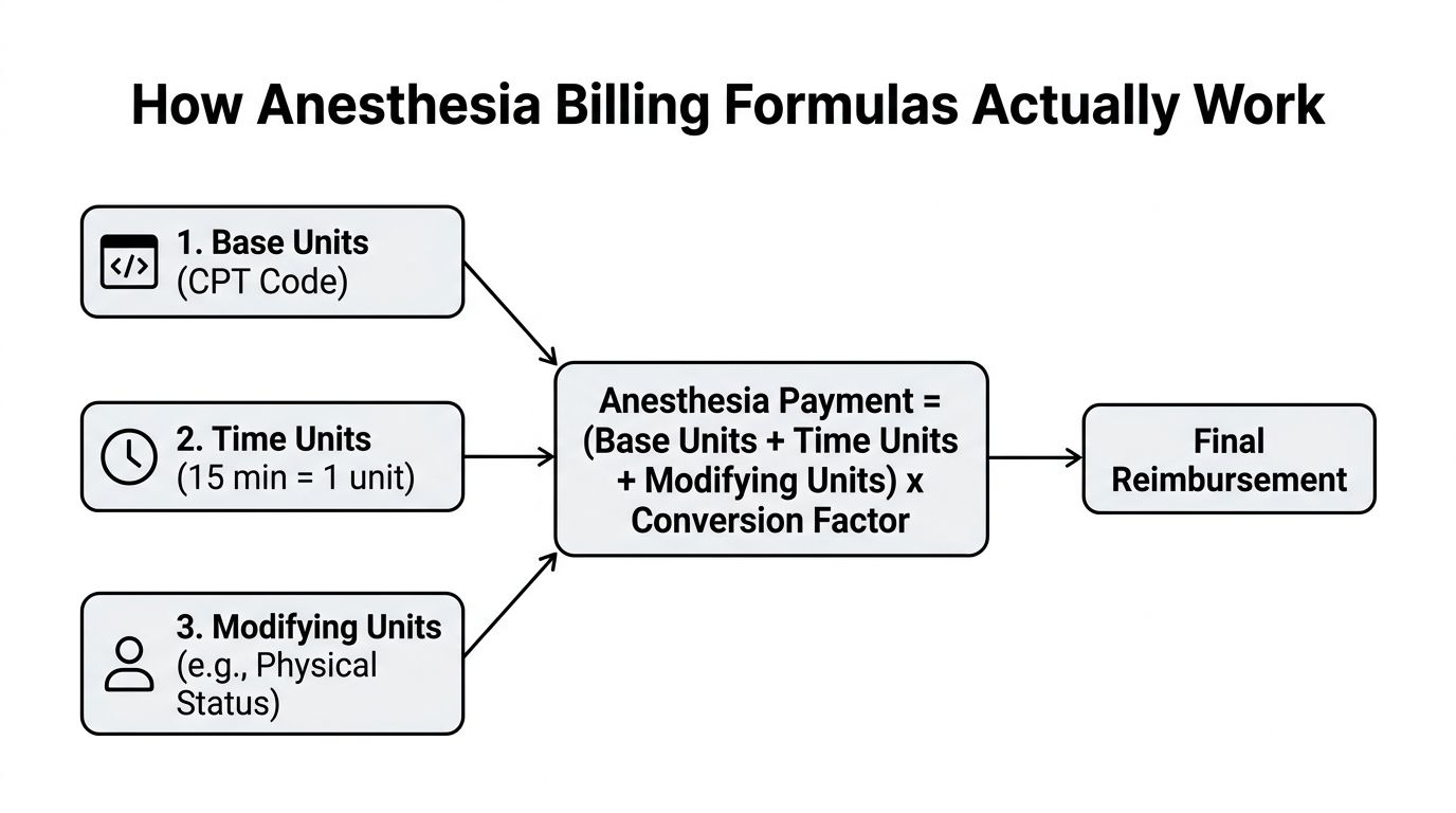 A flowchart explaining the anesthesia billing formula calculation using base, time, and modifying units multiplied by conversion factors.