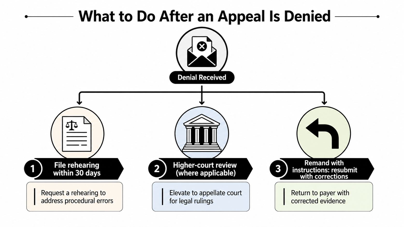 A flowchart showing three actionable steps to follow after receiving a formal appeal denial notification.
