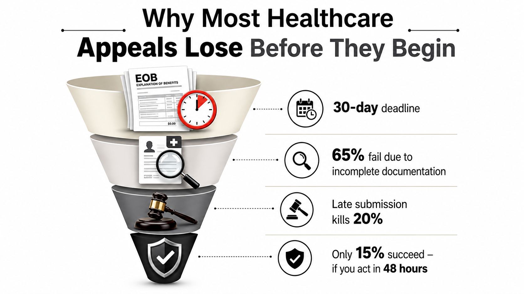 A funnel infographic explaining why most healthcare insurance appeals fail, highlighting deadlines, documentation, and success rates.