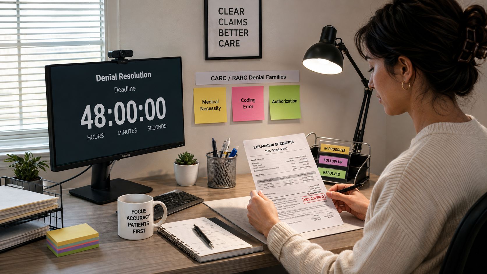 A professional analyzing an explanation of benefits document while monitoring a medical claim denial countdown timer.