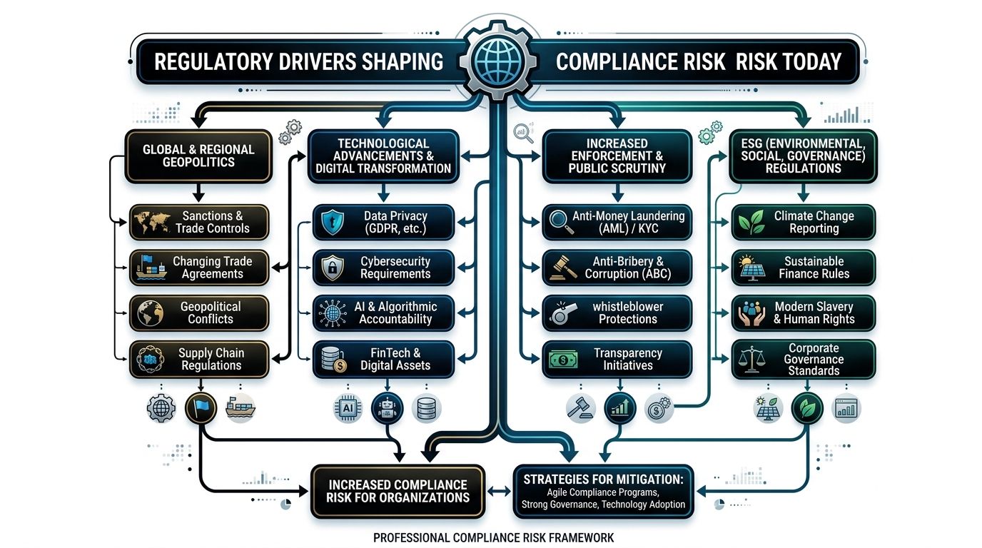 A professional framework diagram illustrating global regulatory drivers and their impact on compliance risk management strategies.