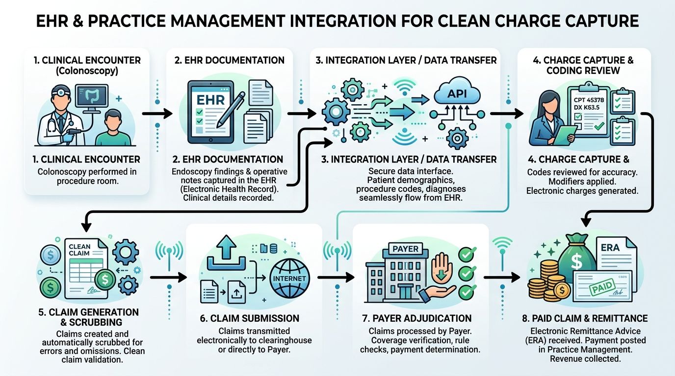 A diagram illustrating the step-by-step EHR and practice management integration process for medical charge capture.