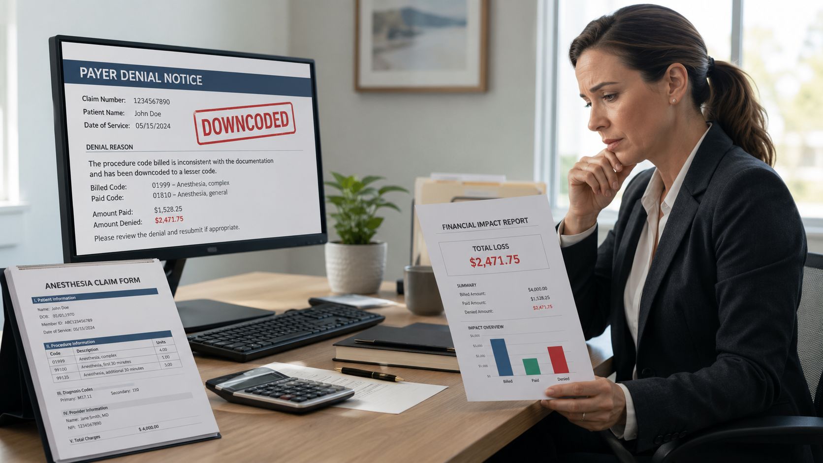 A professional woman in an office looks concerned while reviewing a medical insurance claim denial document.