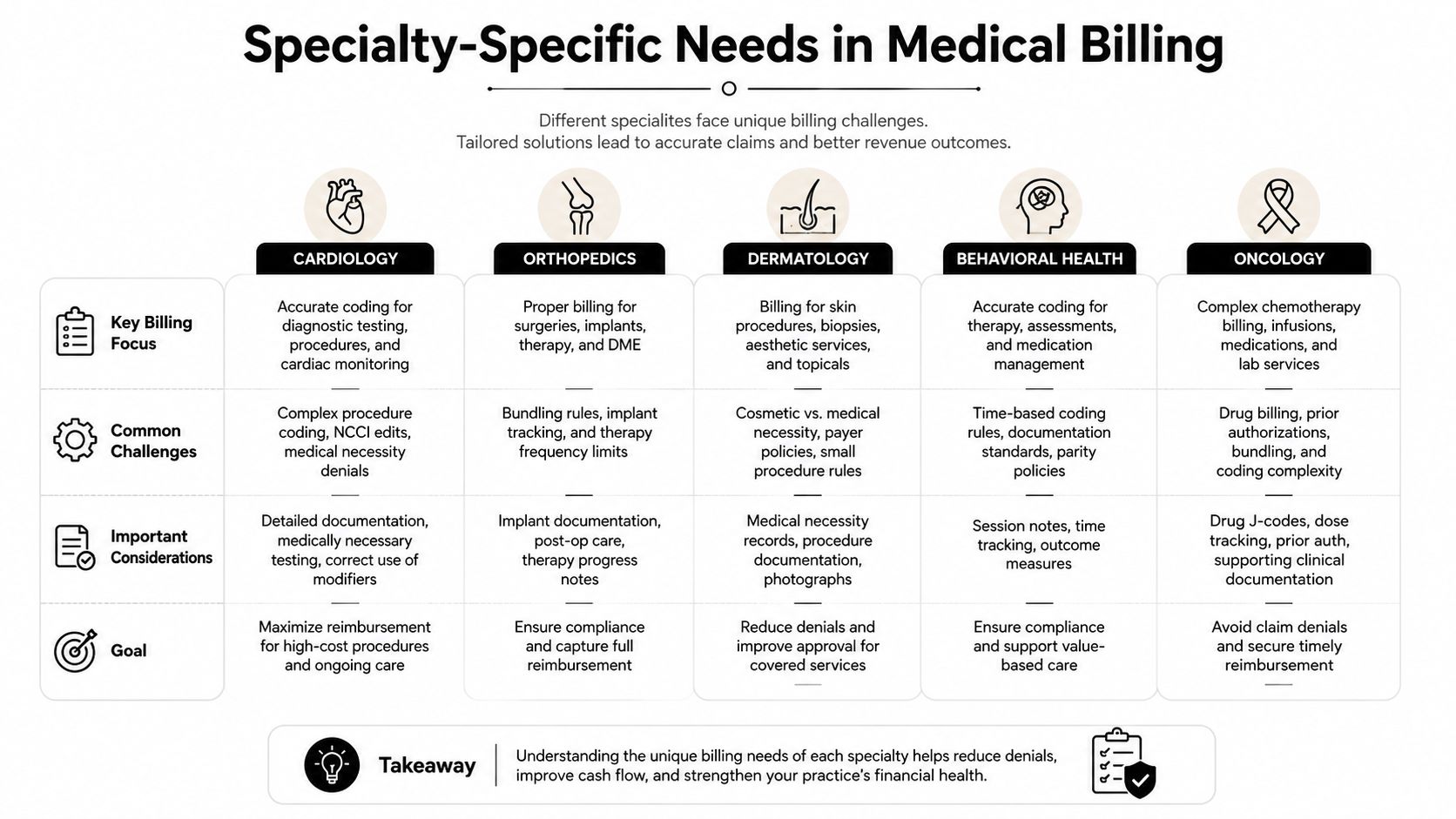 A chart illustrating specific medical billing challenges and goals for five different medical specialties and practices.