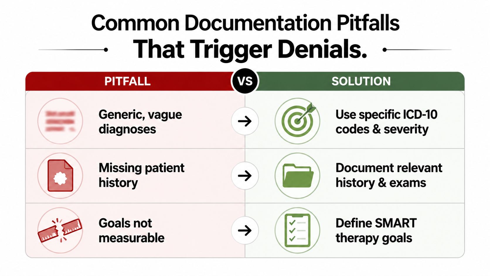 A chart comparing common documentation pitfalls to their solutions to prevent medical insurance claim denials.