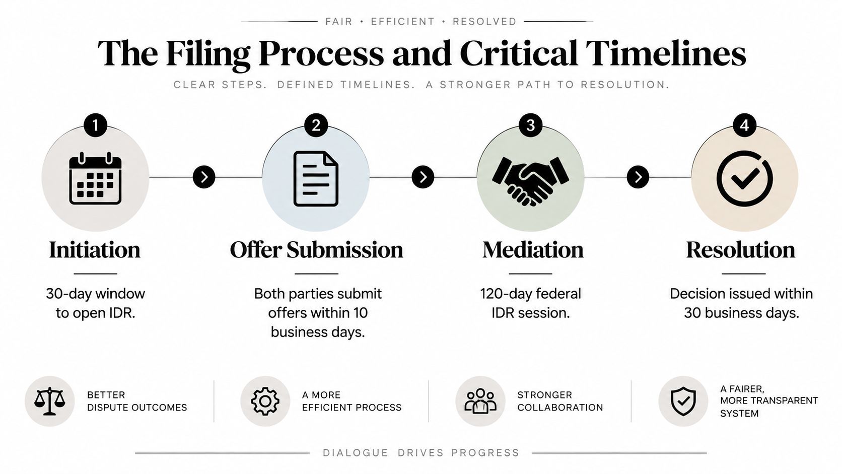 An infographic titled The Filing Process and Critical Timelines illustrating a four-step dispute resolution procedure.