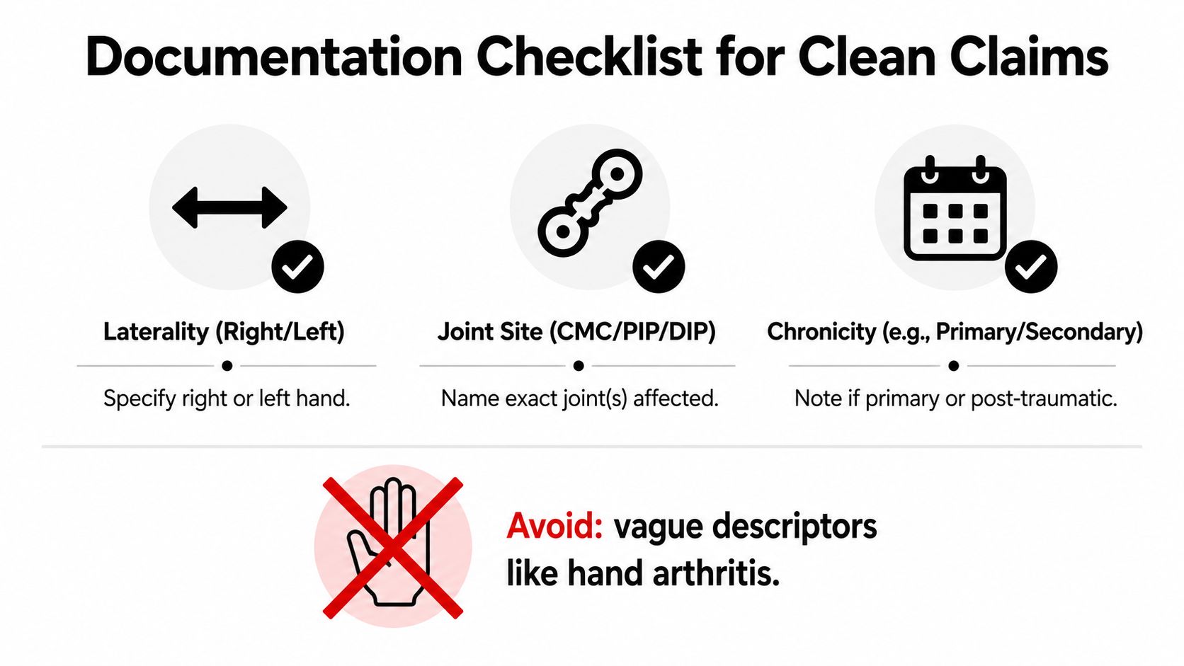A documentation checklist for clean insurance claims regarding hand conditions, highlighting laterality, joint sites, and chronicity.