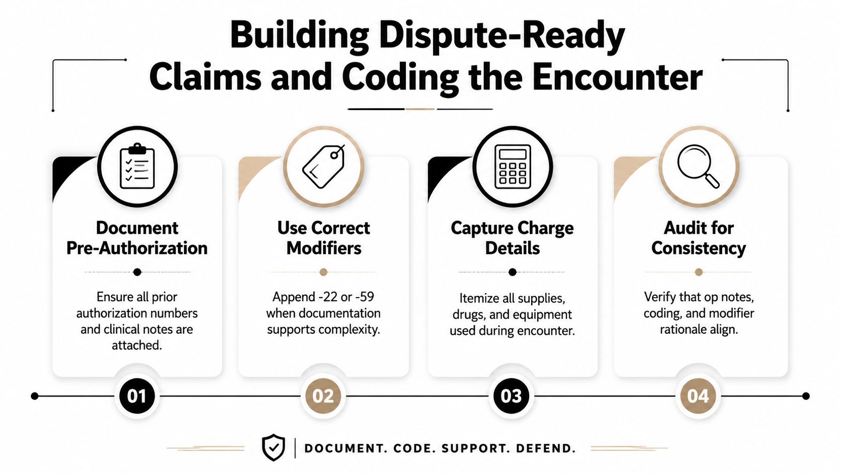 A four-step infographic explaining how to build dispute-ready medical claims and accurately code patient encounters.