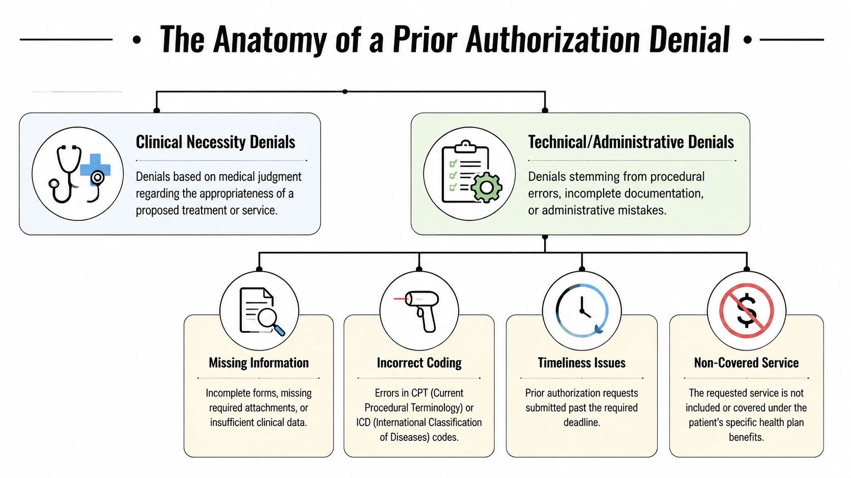 An infographic titled The Anatomy of a Prior Authorization Denial categorizing denials into clinical necessity and administrative errors.