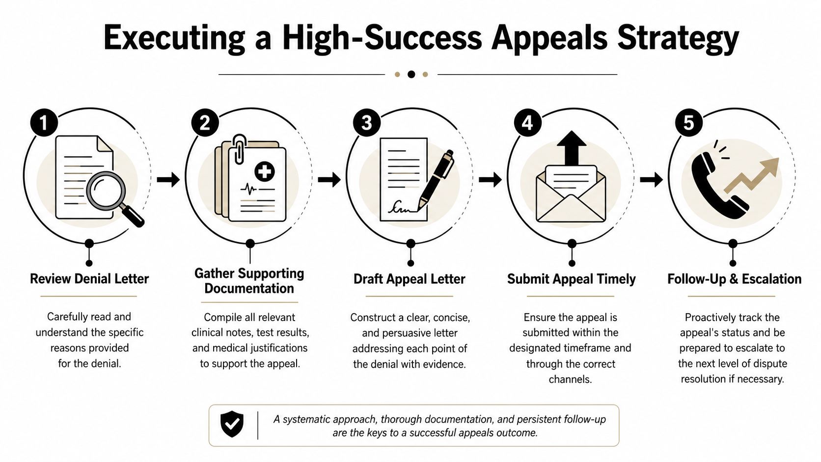 A five-step infographic illustrating a strategic process for managing and overturning medical prior authorization denials efficiently.